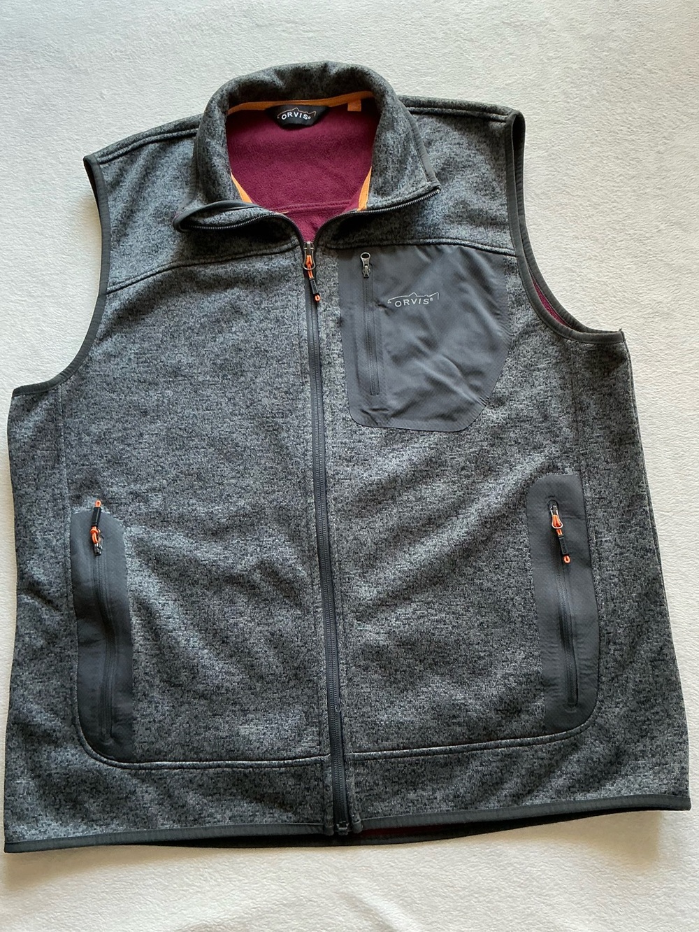 ORVIS Men's Full Zip Fleece Vest Heathered Gray Burgundy Size L